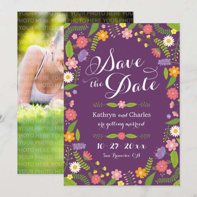 Blütenrahmen Rustikales Foto Save the Date Einladung (Vorne/Hinten)