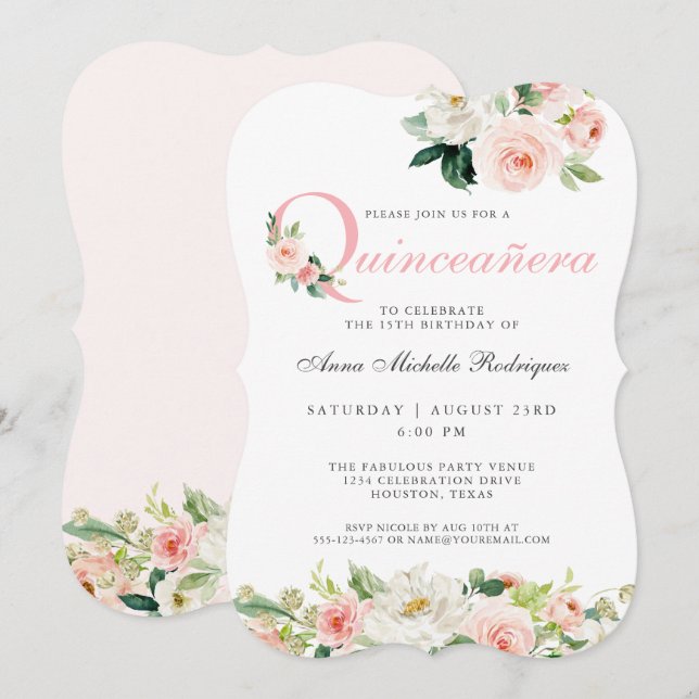 Blütenrosa Bläserblüte Quinceanera Party Feier Einladung (Vorne/Hinten)