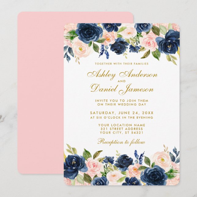 Blütenrosa Blau Elegantes Gold Wedding R Einladung (Vorne/Hinten)