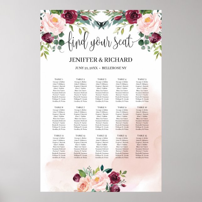 Blütenrosa, blumenburgundische Sitzkarte Poster (Vorne)