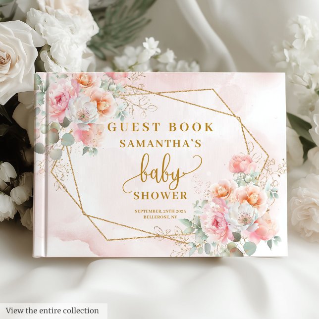 Blütenrosa Blumendusche Mädchen Gold Gästebuch (Blush pink floral baby shower girl gold guest book)