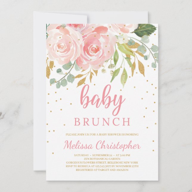 Blütenrosa Blumengebäck und goldfarbenes Babybrunc Einladung (Vorderseite)