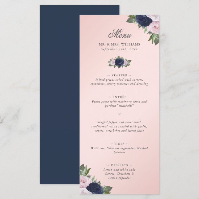 Blütenrosa Blütenblütenhochzeit Menükarte (Vorne/Hinten)