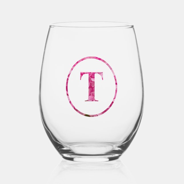 Blütenrosa Blütenmonogramm Schriftart "T" Weinglas Ohne Stiel (Vorderseite)