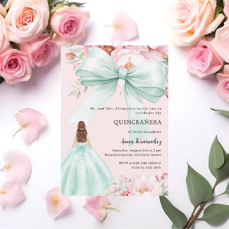 Blütenrosa Bogen Blütengrün Kleid Quinceanera Einladung