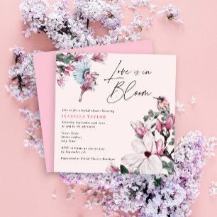 Blütenrosa Brautparty von Blumen und Vögeln Einladung