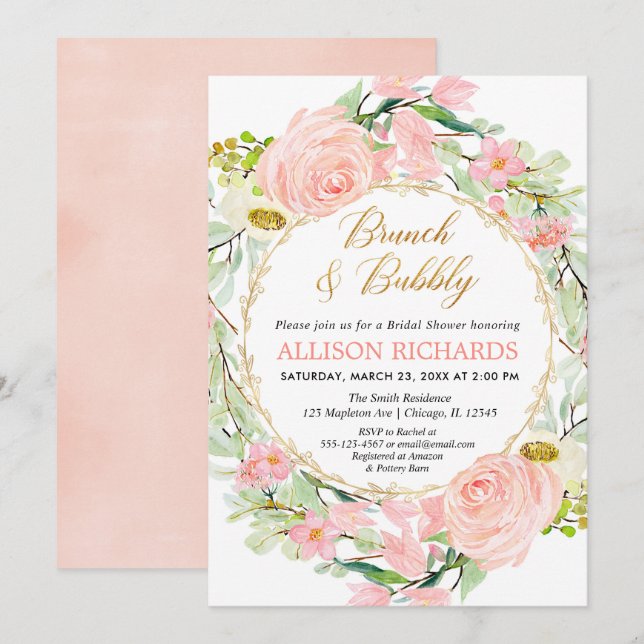 Blütenrosa Brunch mit Blumenmotiv und Bubbly-Braut Einladung (Vorne/Hinten)