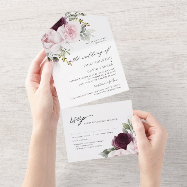 Blütenrosa | Burgund-Rose Hochzeit All In One Einladung (Abreißen)