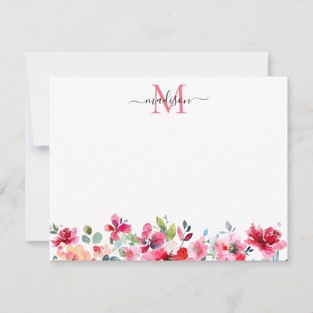 Blütenrosa Burgundy Rote Rose Peony Monogram Mitteilungskarte (Vorderseite)