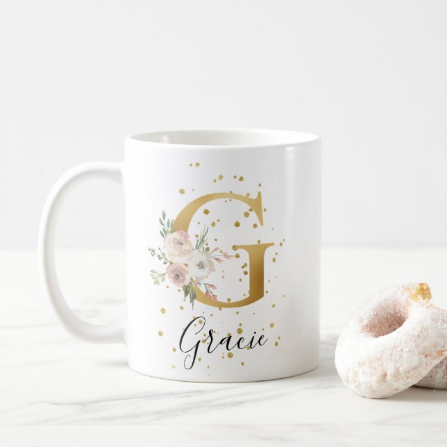 Blütenrosa Creme Aquarellfarben Monogramm G Kaffeetasse (Mit Donut)