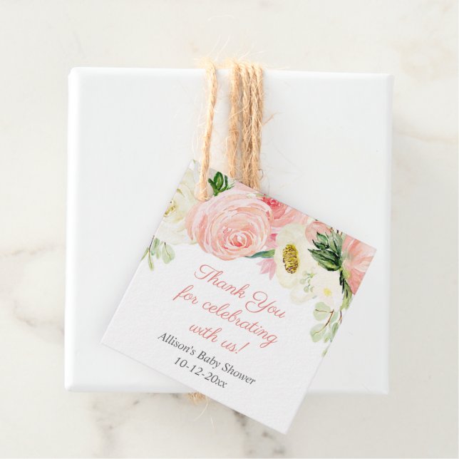 Blütenrosa cremefarbene Aquarellfarben Babydusche Geschenkanhänger (Beispiel)