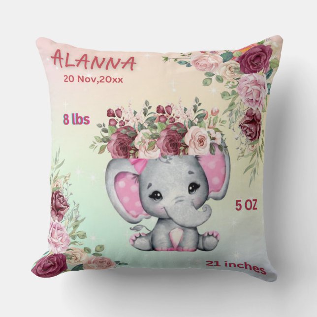 Blütenrosa Elefant Baby Birth Stats Kissen (Vorderseite)