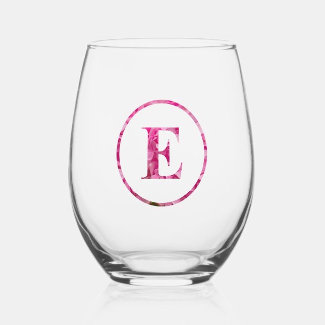 Blütenrosa Floral Monogram Lettering Art "E" Weinglas Ohne Stiel (Vorderseite)