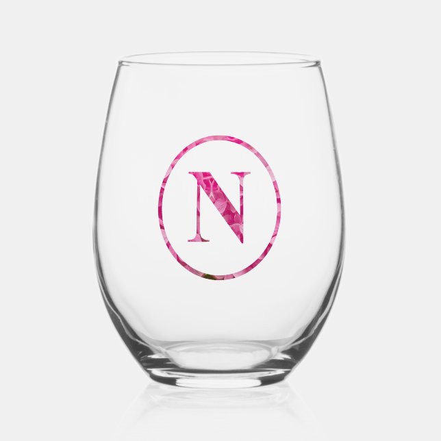 Blütenrosa Floral Monogram Lettering Art "N" Weinglas Ohne Stiel (Vorderseite)
