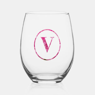 Blütenrosa Floral Monogram Lettering Art "V" Weinglas Ohne Stiel