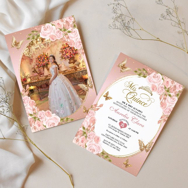 Blütenrosa Foto Quinceañera Einladung (Von Creator hochgeladen)