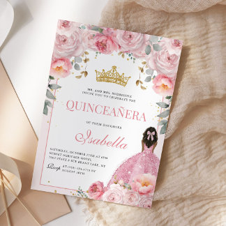 Blütenrosa Gold Quinceanera Princess Einladung
