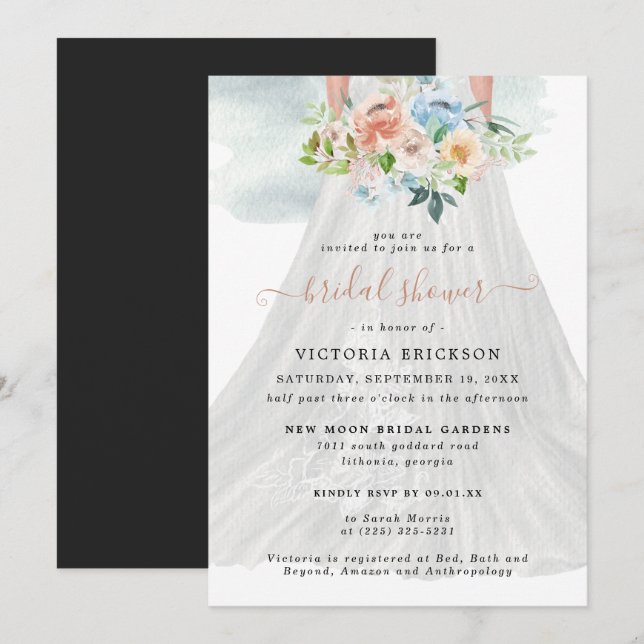 Blütenrosa | Hochzeitskleid-Brautparty Einladung (Vorne/Hinten)
