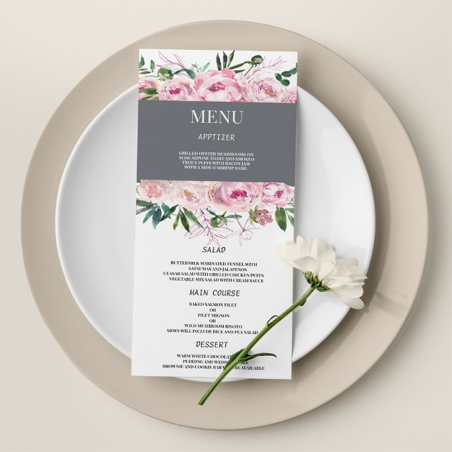 Blütenrosa Korallenpeelblume Sommermenü Hochzeiten Programm (Blush pink coral peony floral summer Wedding Menu)