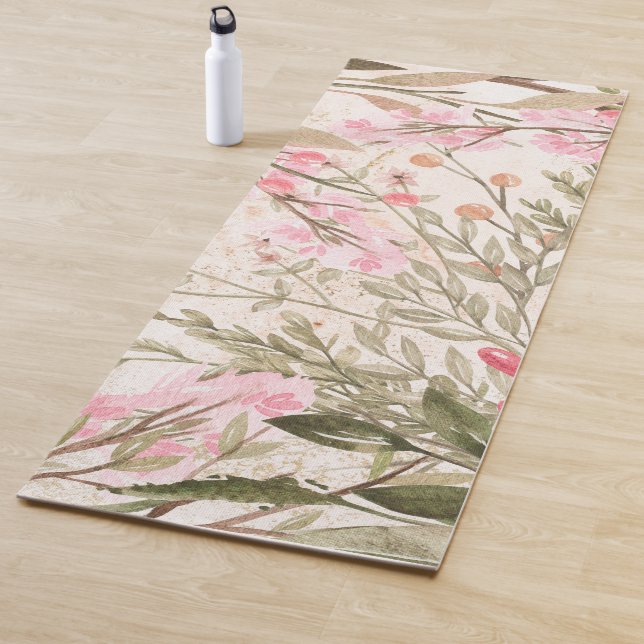 Blütenrosa Korallenwald grüne Aquarellfarbe Yogamatte (Beispiel)