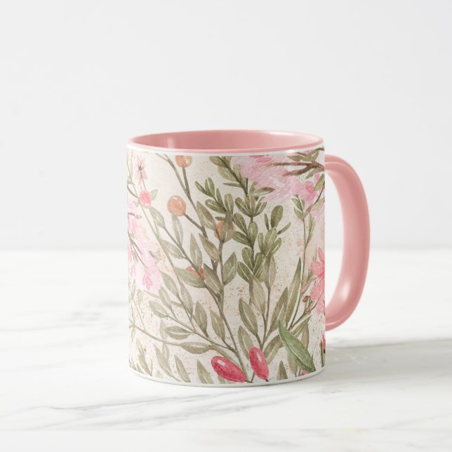 Blütenrosa Korallenwald grüne Aquarellfarben Tasse (VorderseiteRechts)