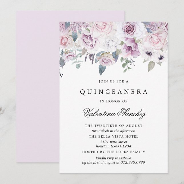 Blütenrosa Lila Aquarellfarben Quinceanera Einladung (Vorne/Hinten)