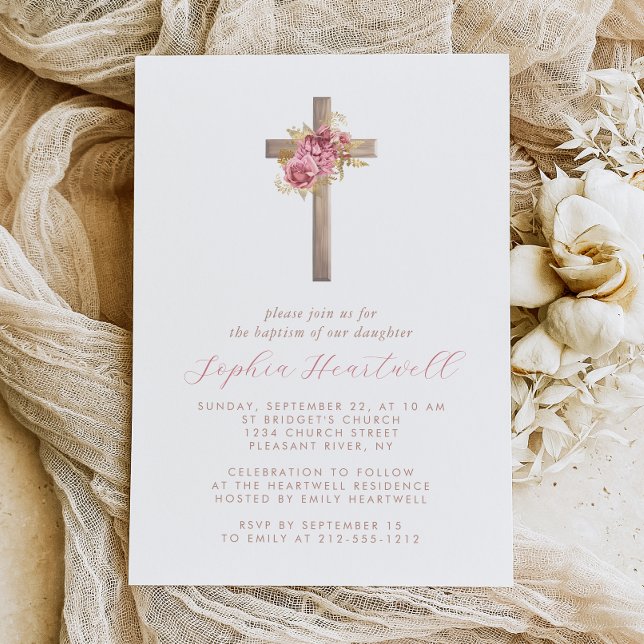 Blütenrosa Rose Cross Girl Baptisse Einladung (Von Creator hochgeladen)