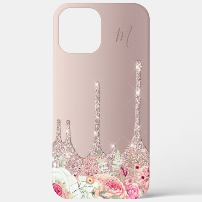 Blütenrosa Rose Gold Glitzer Tropfen Monogramm Case-Mate iPhone Hülle (Rückseite)