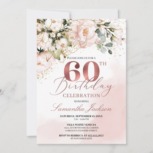 Blütenrosa Rose Goldbarren 60. Geburtstag Einladung (Vorderseite)