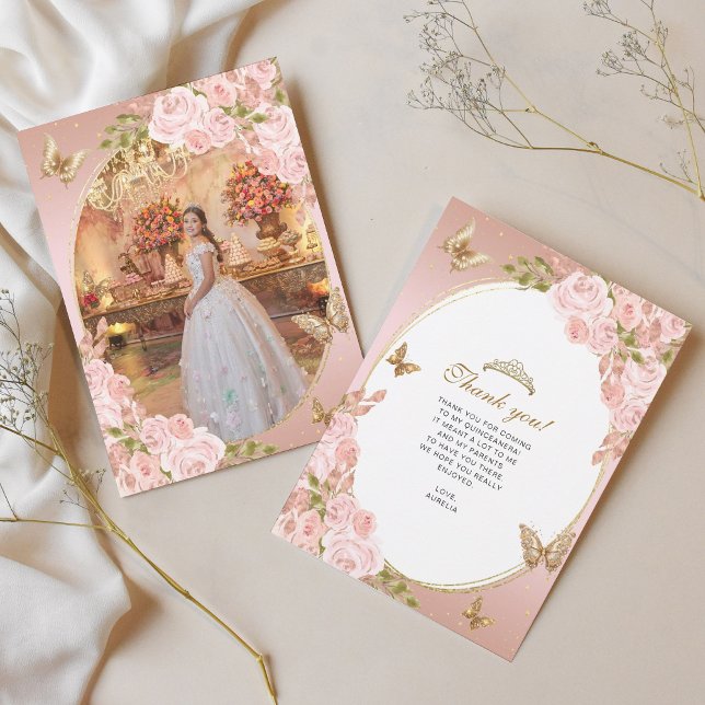 Blütenrosa-Schmetterling Quinceañera-Foto Dankeskarte (Von Creator hochgeladen)