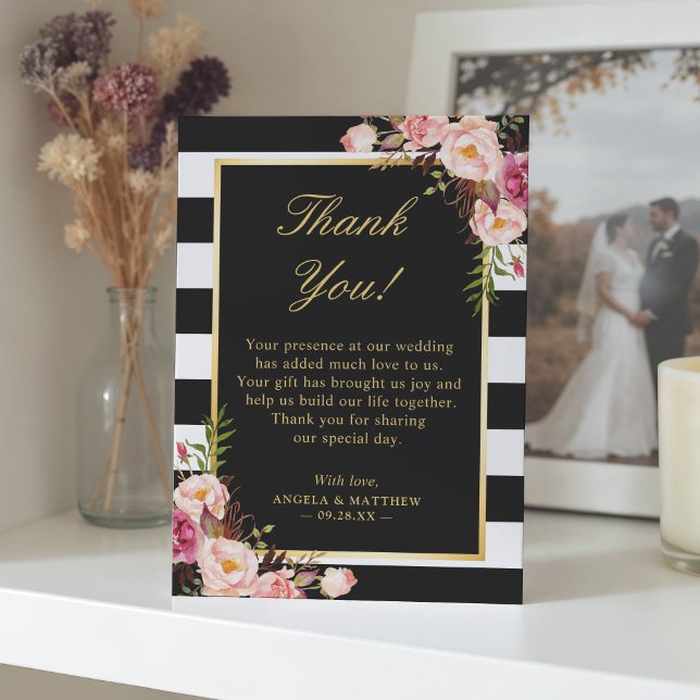 Blütenrosa Schwarz-weiße Streifen Hochzeiten Dankeskarte (Von Creator hochgeladen)