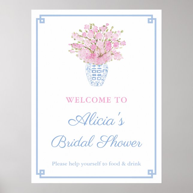 Blütenrosa und blass Blau Chinoiserie Polterabend Poster (Vorne)