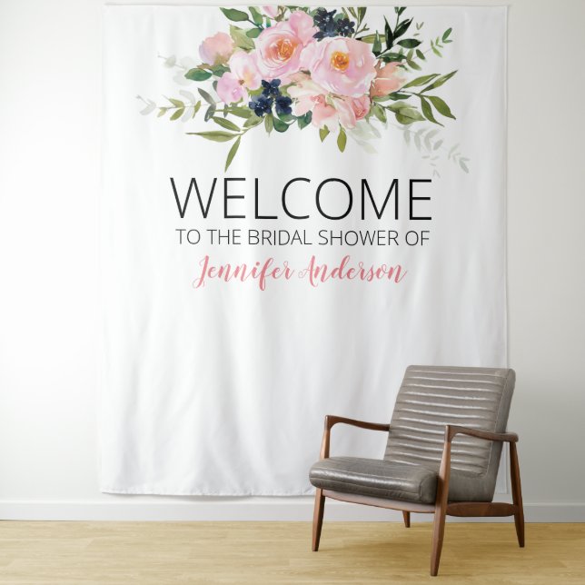 Blütenrosa und blaue Blumen - Willkommen Wandteppich (Beispiel)