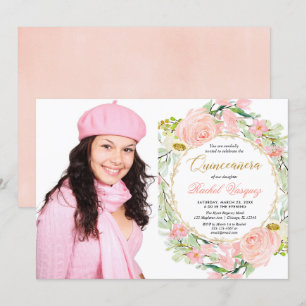 Blütenrosa und goldblütendes Quinceanera-Foto Einladung