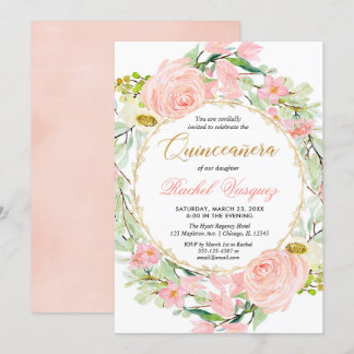 Blütenrosa und goldblütige Quinceanera Einladung