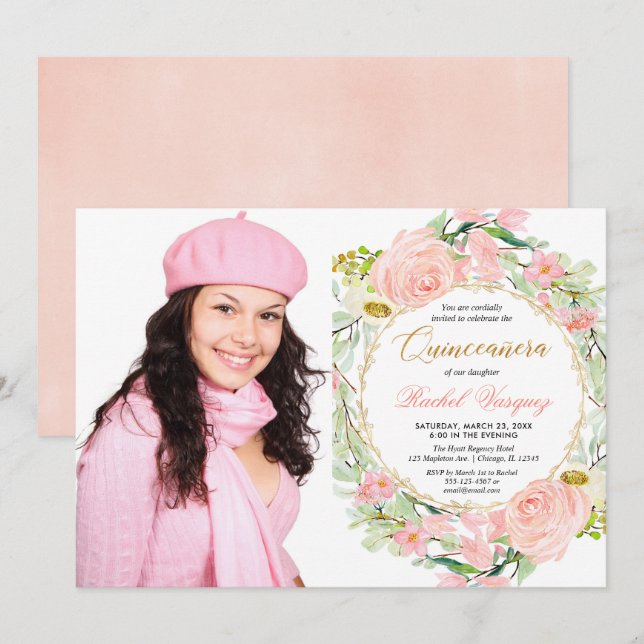 Blütenrosa und goldblütige Quinceanera-Foto Einladung (Vorne/Hinten)