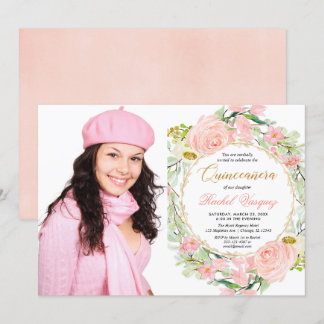 Blütenrosa und goldblütige Quinceanera-Foto Einladung