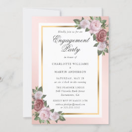 Blütenrosa und goldene florale Engagement Party Einladung