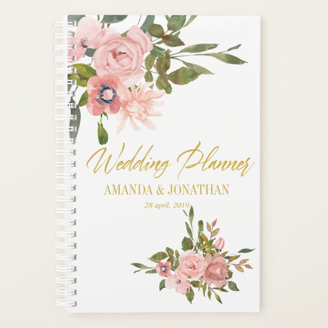 Blütenrosa und goldener Hochzeitsplaner Planer (Vorderseite)