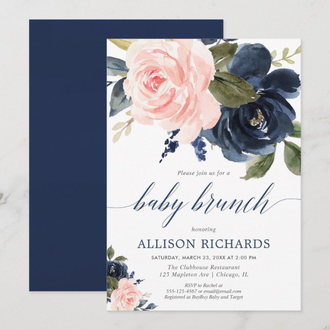 Blütenrosa und marineblaue Babybrunch-Dusche Einladung (Vorne/Hinten)