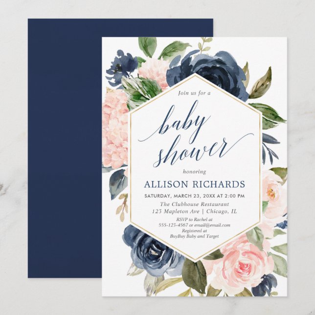 Blütenrosa und marineblaue Babydusche Blumenmuster Einladung (Vorne/Hinten)