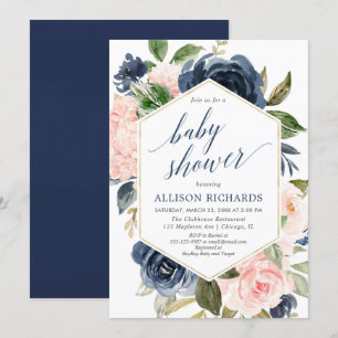 Blütenrosa und marineblaue Babydusche Blumenmuster Einladung