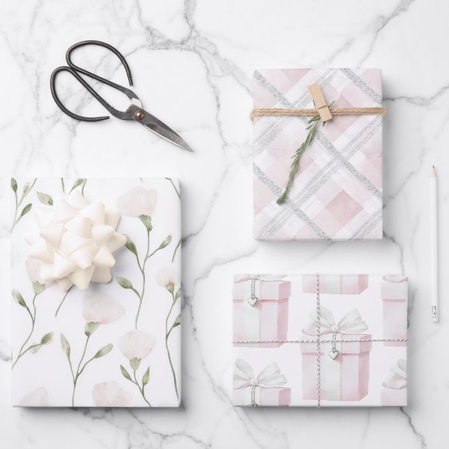 Blütenrosa Weiße Blüte Geburtstag Geschenkpapier Set (Vorderseite)