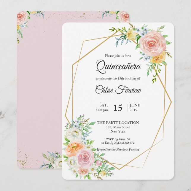 Blütenrot Elegante Einladung von Quinceañera (Vorne/Hinten)