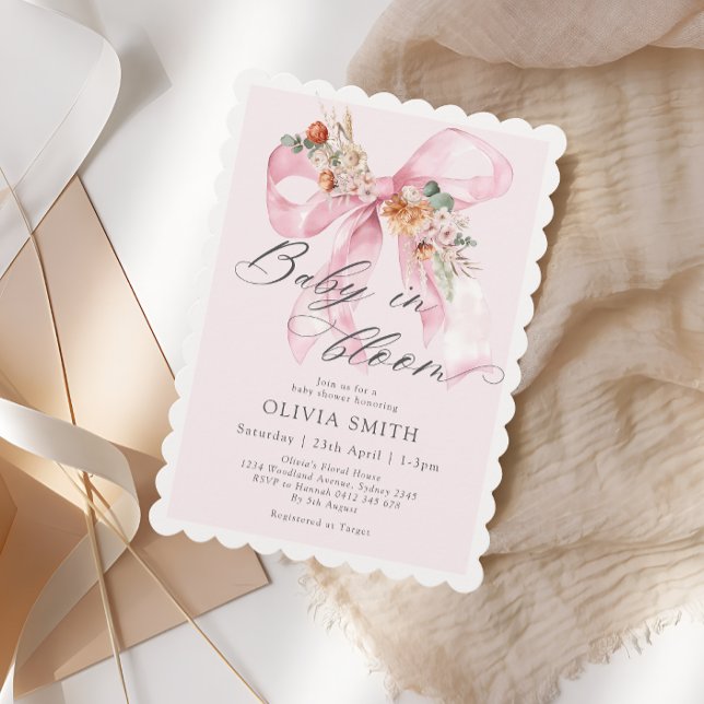 Blütenrot Pink Bow Baby in Bloom Baby Dusche Einladung (Von Creator hochgeladen)