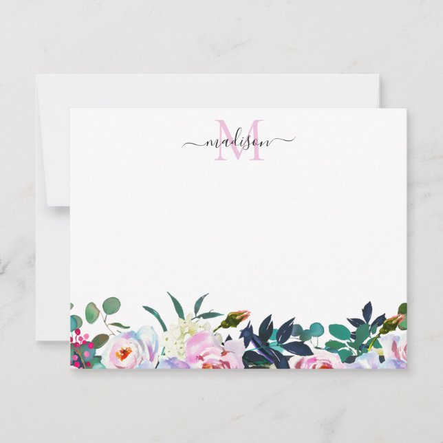 Blütenrot Rosa Botanisches Monogramm Mitteilungskarte (Vorderseite)