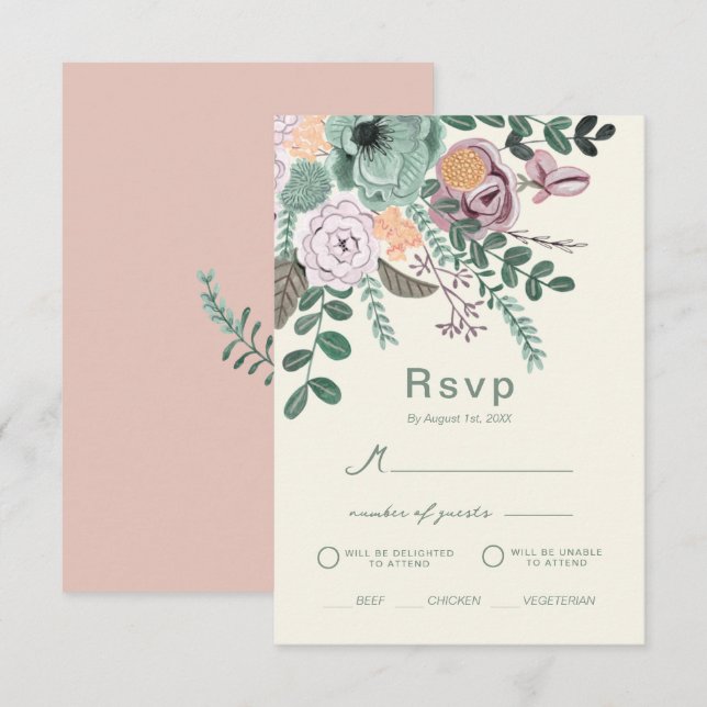 Blütenrot Rosa Eukalyptus Grüne Hochzeit Einladung (Vorne/Hinten)