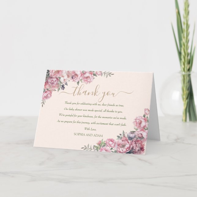 Blütenrot Rosa Gold Elegante Babydusche Dankeskarte (Vorderseite)