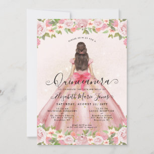 Blütenrot Rosa Gold Glain Prinzessin Quinceanera Einladung