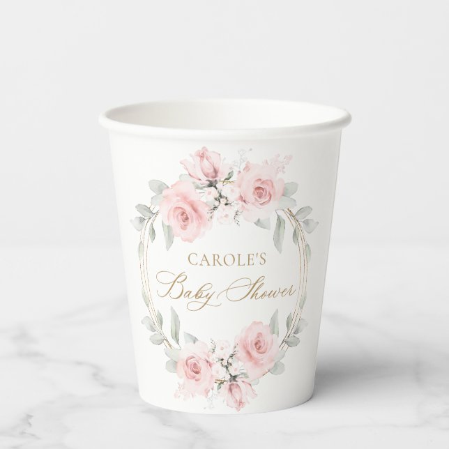 Blütenrot Rosa goldgrüne Babydusche Pappbecher (Rückseite)